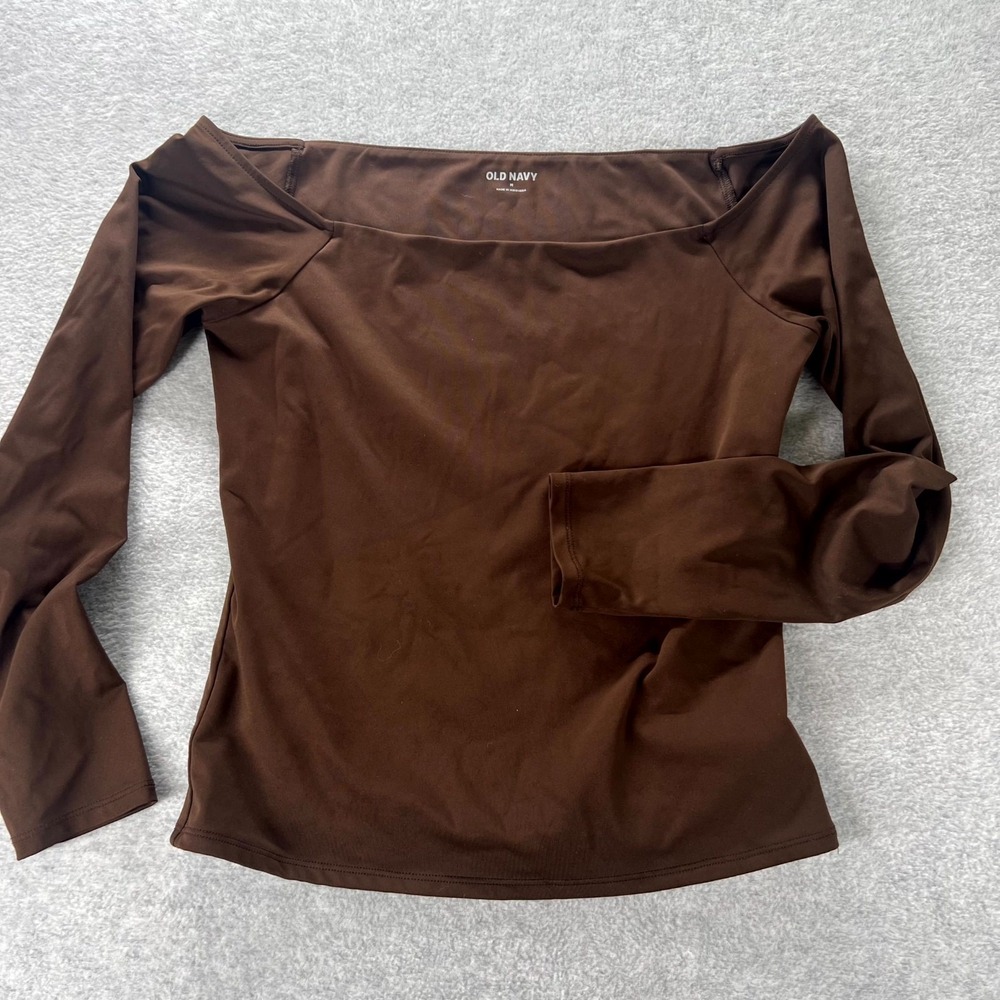 Old Navy Fitted Off The Shoulder Blouse Top Womens M Brown Stretch Raglan Sleeve